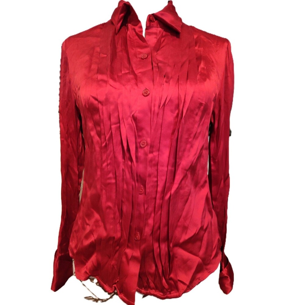 Petite Sophisticate Lush Red 100% Silk Pleated Button Down Blouse Size 4